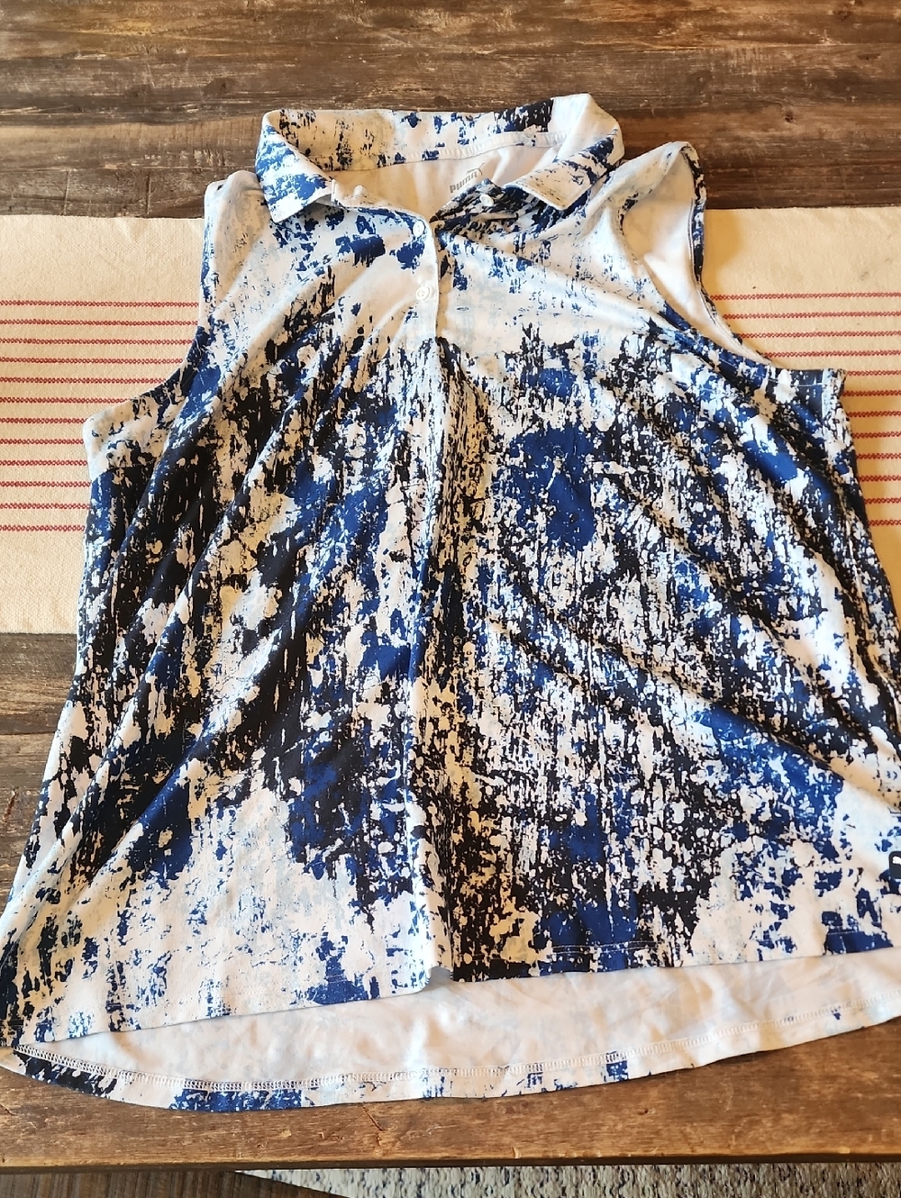 Puma Blue and White Abstract Sleeveless Collared Golf Shirt